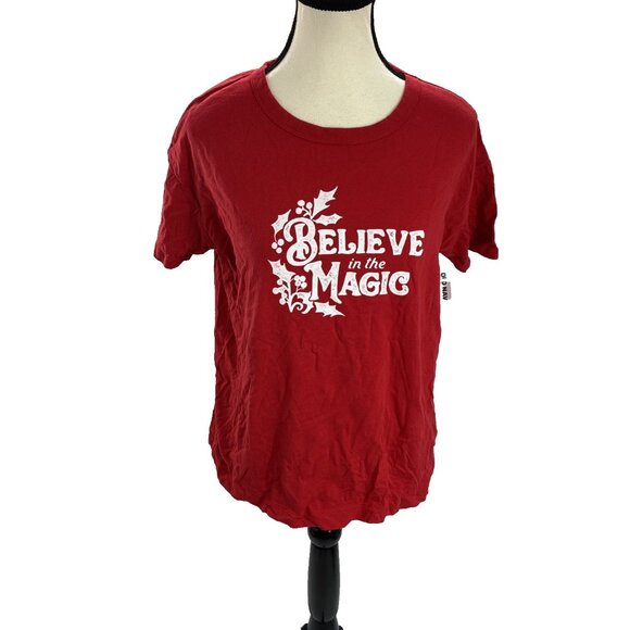 Old Navy Womens Size S T Shirt Red Believe in the Magic Graphic Christmas Tee - Picture 1 of 6